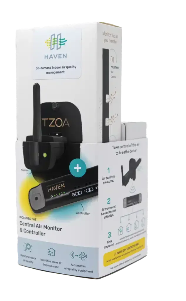 Haven TZOA wireless charging dock and accessories shown on product packaging, black and white design