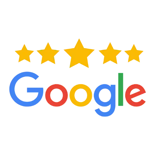 Five gold stars above the multicolored Google logo on a white background
