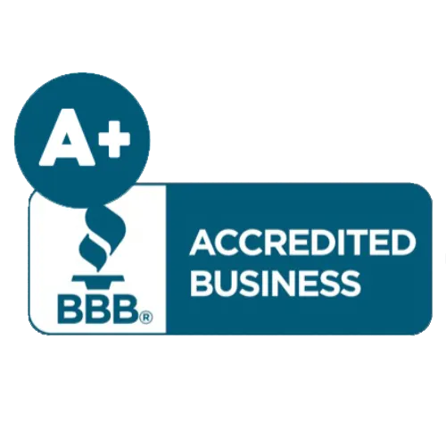 BBB Accredited Business badge with A+ rating in blue and white