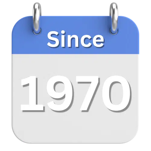 Blue-and-white calendar icon reading “Since 1970”