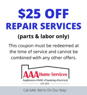 AAA Home Services coupon offering $25 off repair services, parts and labor only, in blue and white.
