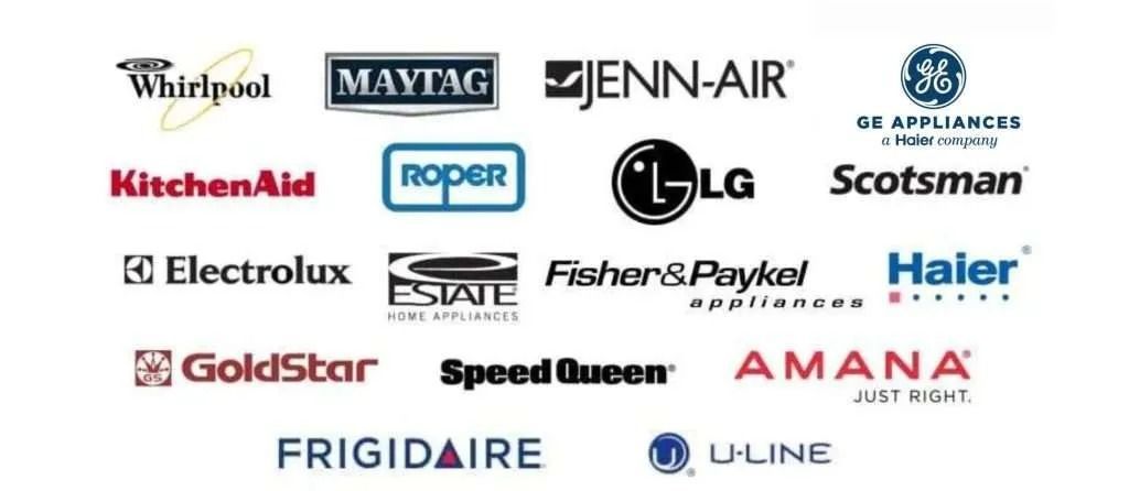 Assorted appliance brand logos on a white background, including Whirlpool, Maytag, LG, Frigidaire, and Amana