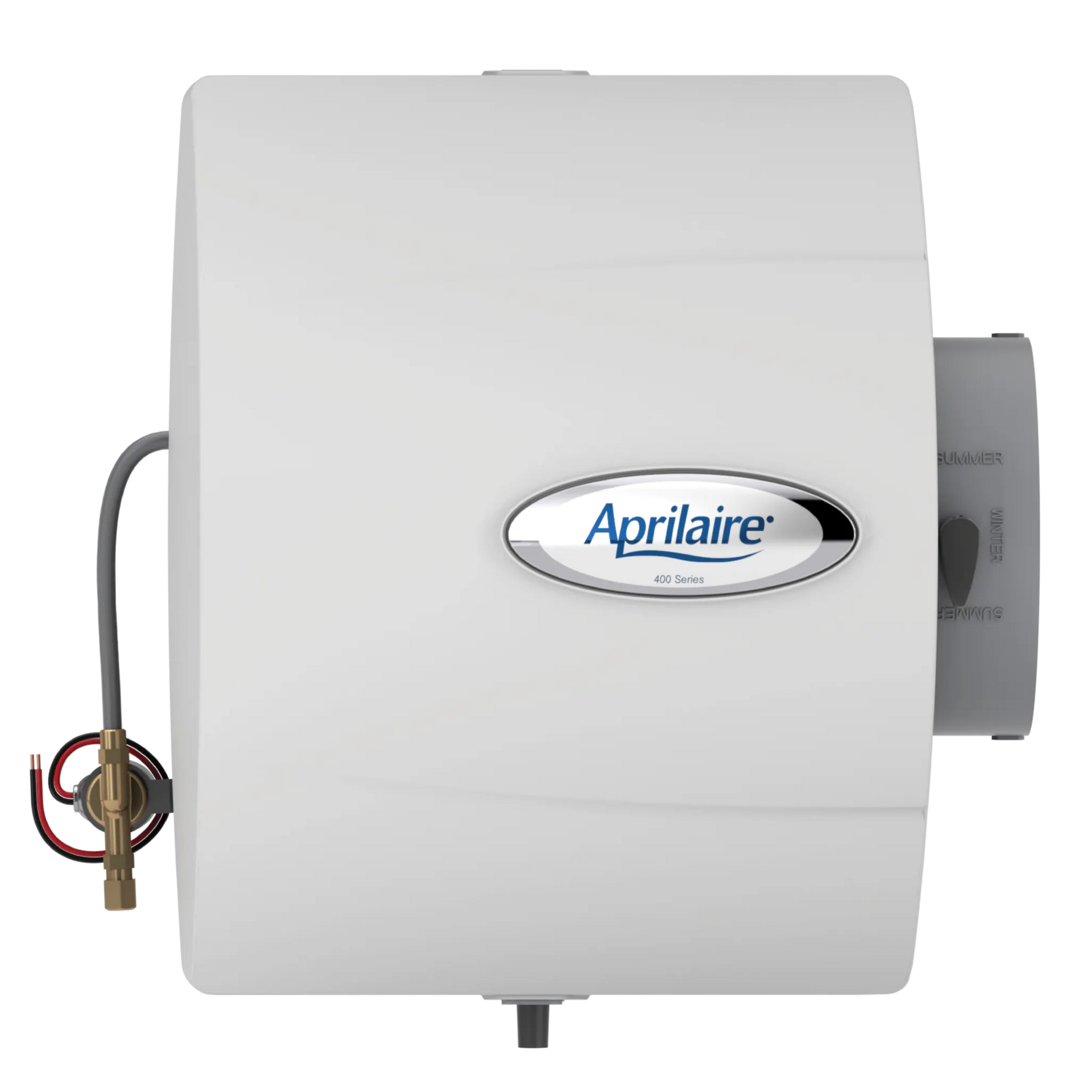 White Aprilaire whole-house humidifier with blue logo and copper water line, shown front view.