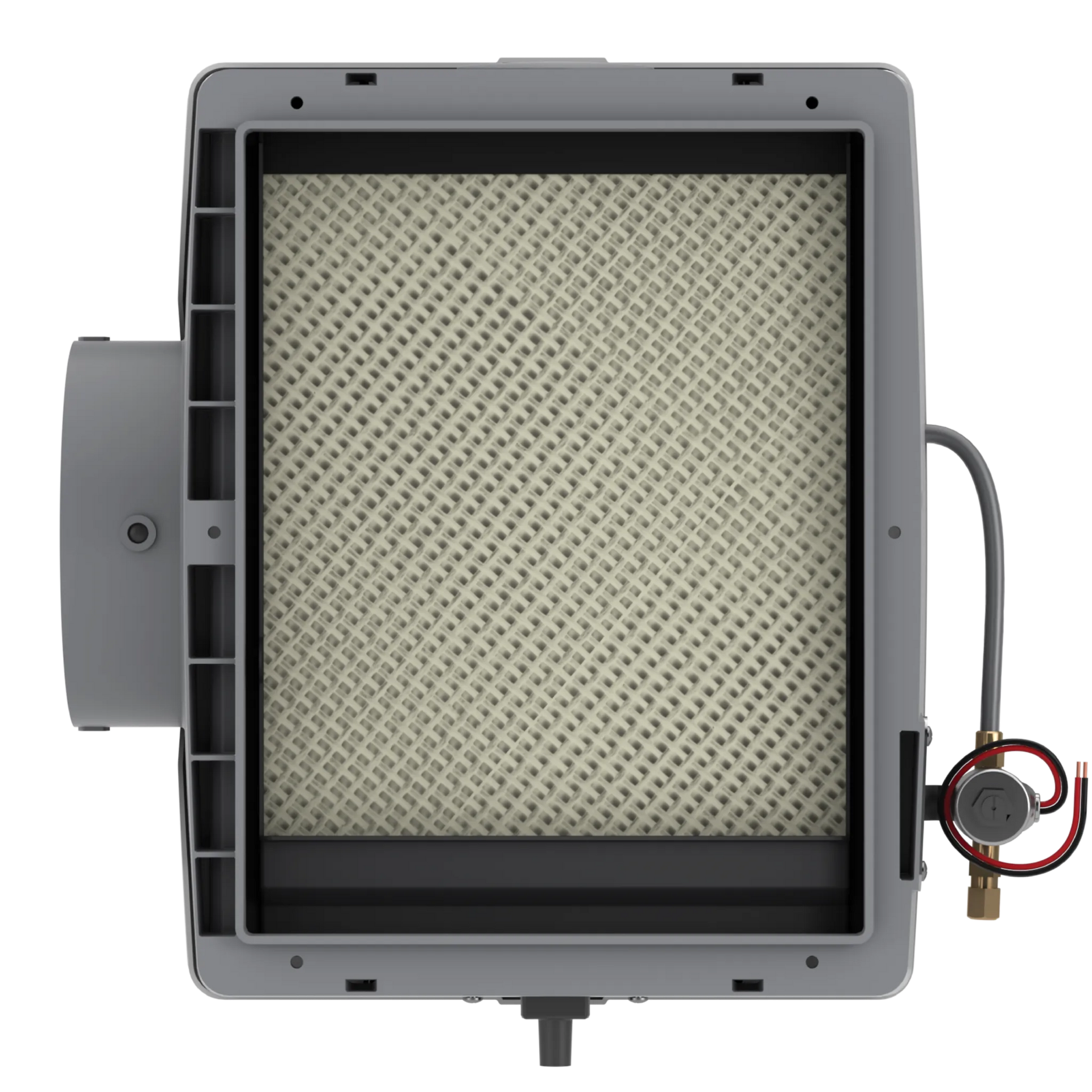Square HVAC air filter unit with gray housing, beige filter, and attached red valve on the right