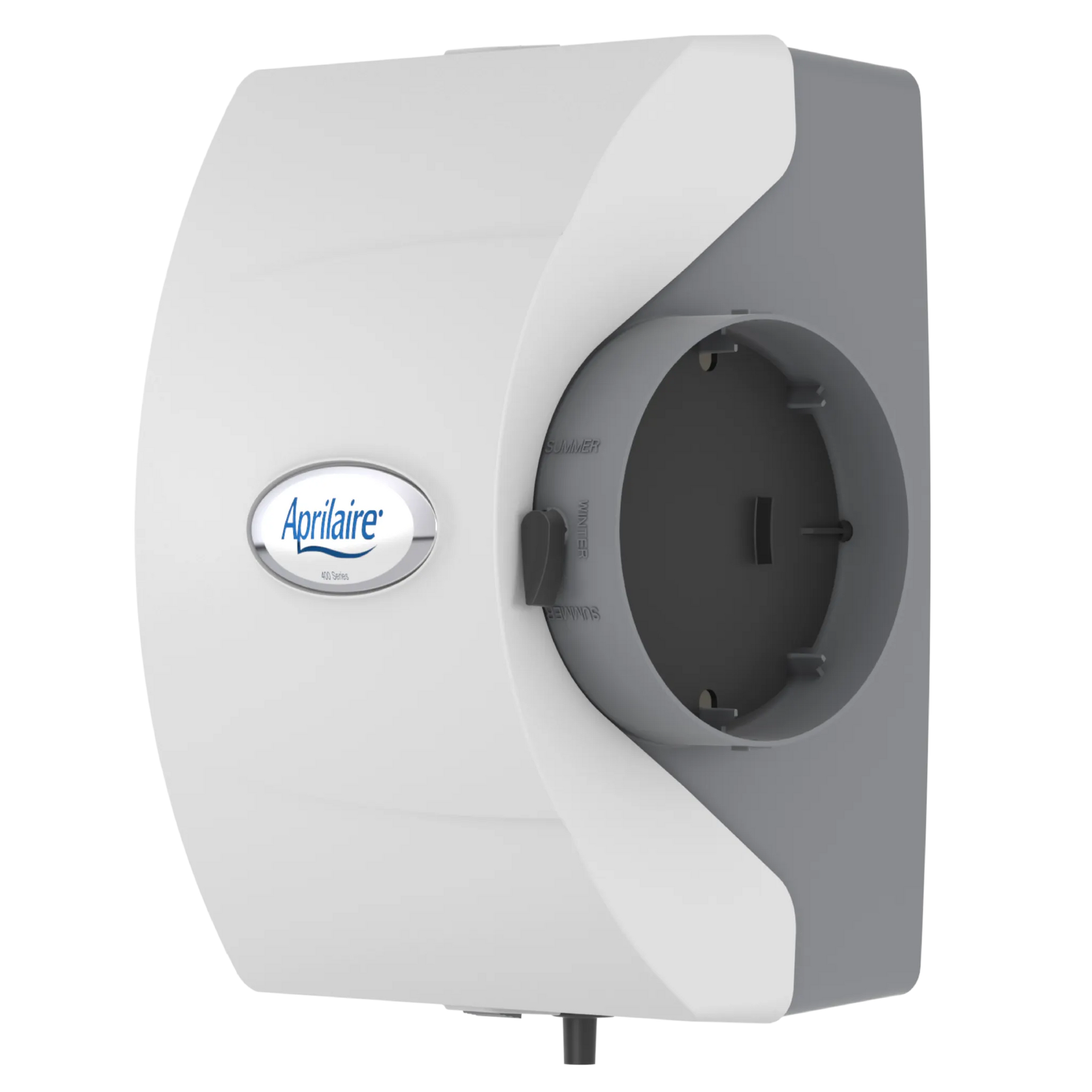 White wall-mounted shower dispenser with a gray circular opening and blue logo badge
