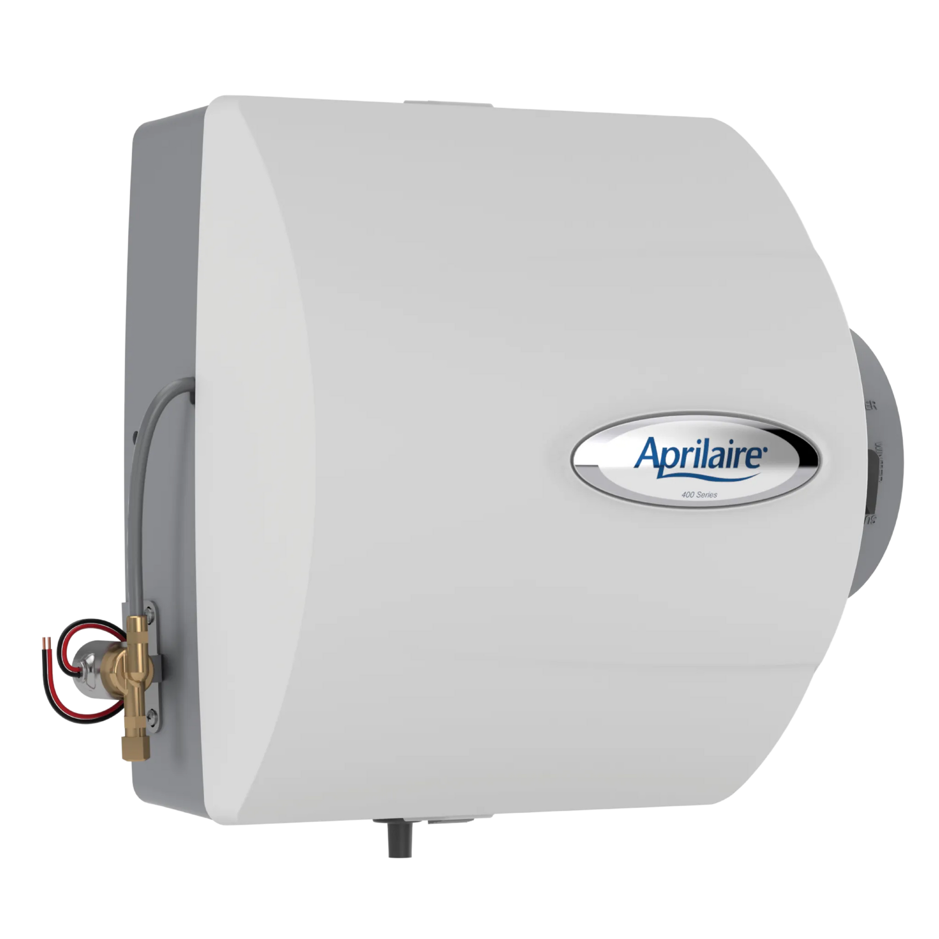 White Aprilaire humidifier unit with logo on a gray side panel, shown on a plain background