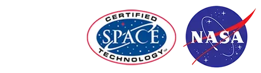 Certified Space Technology and NASA logos side by side in red, blue, and white