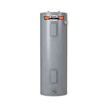Gray cylindrical water heater with a small control panel on top and a drain valve at the bottom