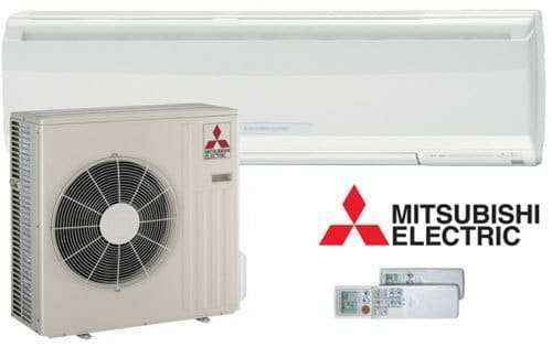 Mitsubishi Electric wall-mounted air conditioner with outdoor unit and remote control on white background