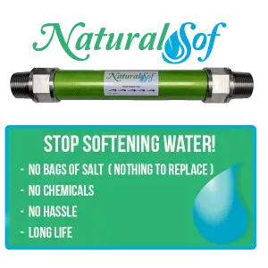 NaturalSof water softener ad with green filter and text: “Stop softening water!”