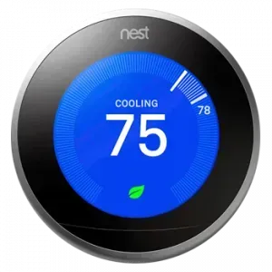 Round Nest thermostat display showing cooling mode at 75°F with blue ring and 78° setpoint.