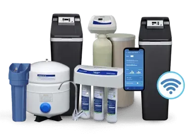 Assorted white and gray water softeners and filtration systems with a smartphone app and Wi‑Fi icon