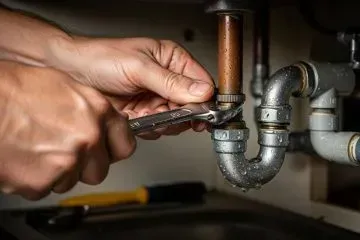 Hands using pliers to tighten a copper pipe under a sink.