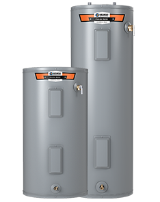 Two gray cylindrical water heaters, one taller and one shorter, with orange brand labels.
