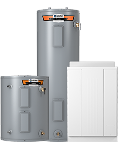 Three Rheem water heaters: two gray tanks and one white cabinet unit.