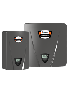 Two dark gray tankless water heaters with digital displays on a white background