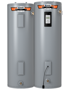 Two gray Rheem water heaters, one front-facing with a digital control panel.