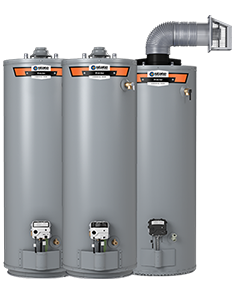 Three gray industrial water heaters with orange labels and pipes attached