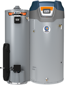 Two gray water heaters, one tall with a digital display and one shorter with side components