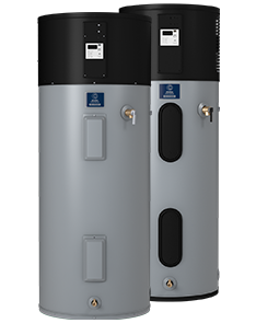 Two large gray and black water heaters with control panels, shown side by side.