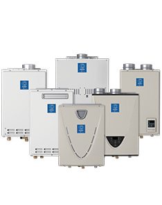 Six beige wall-mounted water heaters with blue labels, arranged in a group on a white background
