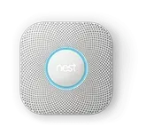 White Nest smart smoke and CO detector with blue ring on a plain background