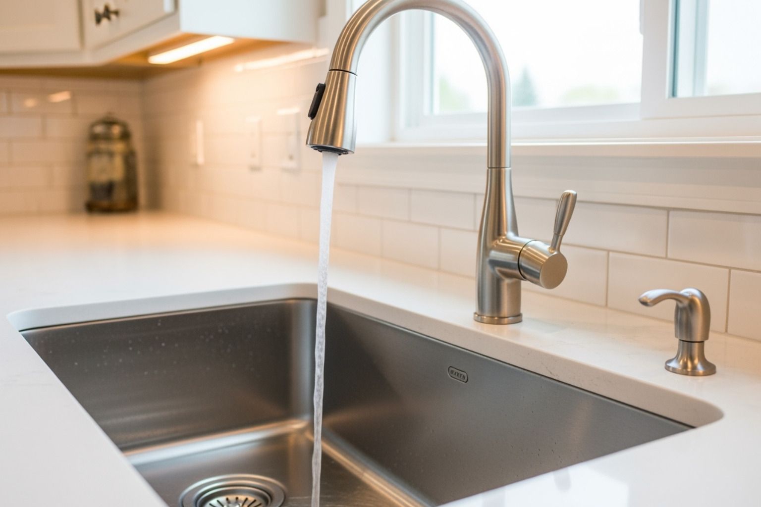Modern kitchen sink with chrome faucet and white tile backsplash in bright daylight