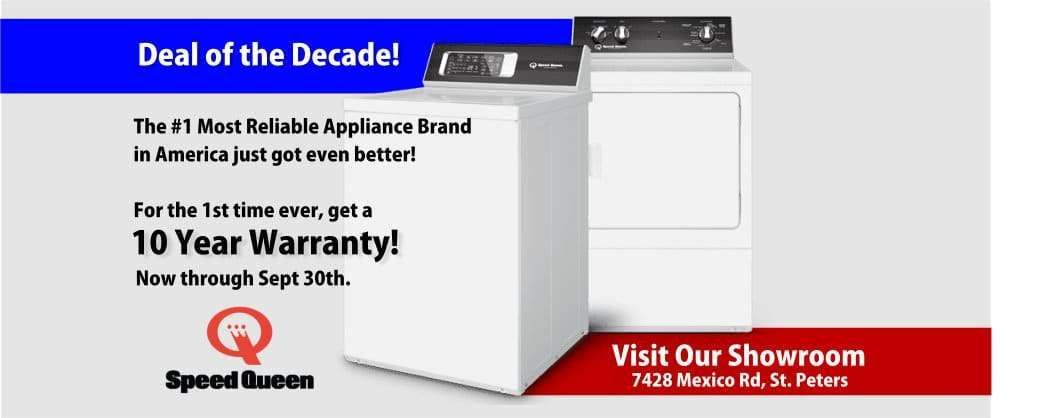White Speed Queen washer/dryer sale ad with blue “Deal of the Decade!” banner and red “Visit Our Showroom” ribbon