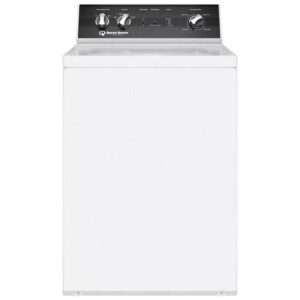 Top-load white washing machine with black control panel and three knobs