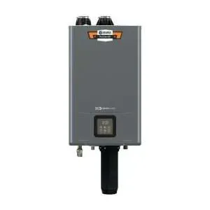 Gray wall-mounted electrical box with display and black bottom pipe against a white background