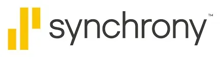 Synchrony logo in black text with yellow vertical bars on a white background