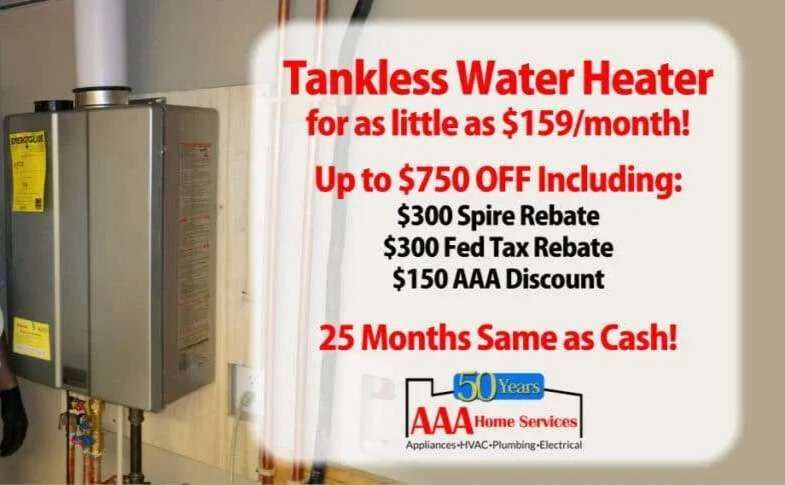 Tankless water heater ad with pricing, rebates, and AAA service logo beside a wall-mounted unit