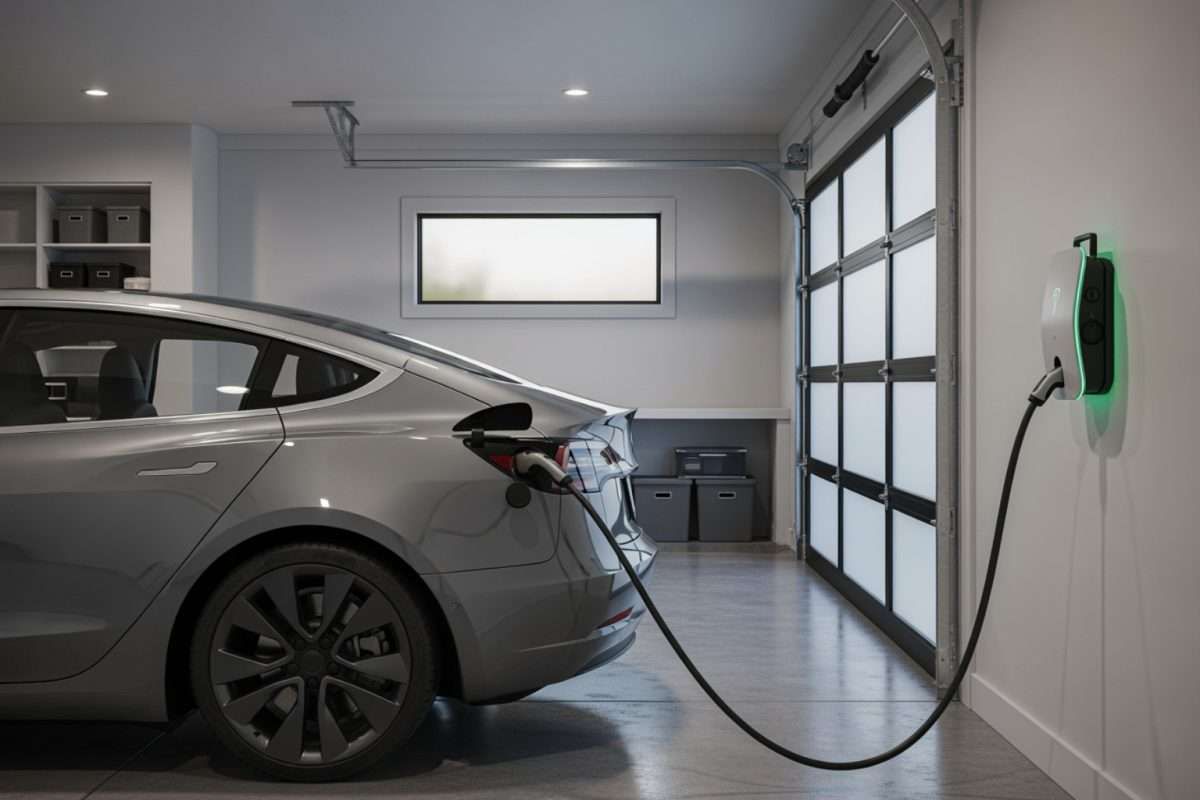 Electric car charging in a garage beside a wall-mounted charger and closed glass garage door