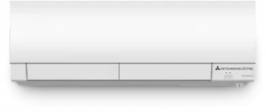 White wall-mounted air conditioner with a sleek, rectangular front panel and logo on the right