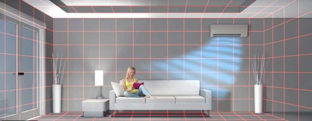 Person sitting on a white sofa in a modern living room with red grid lines overlaid