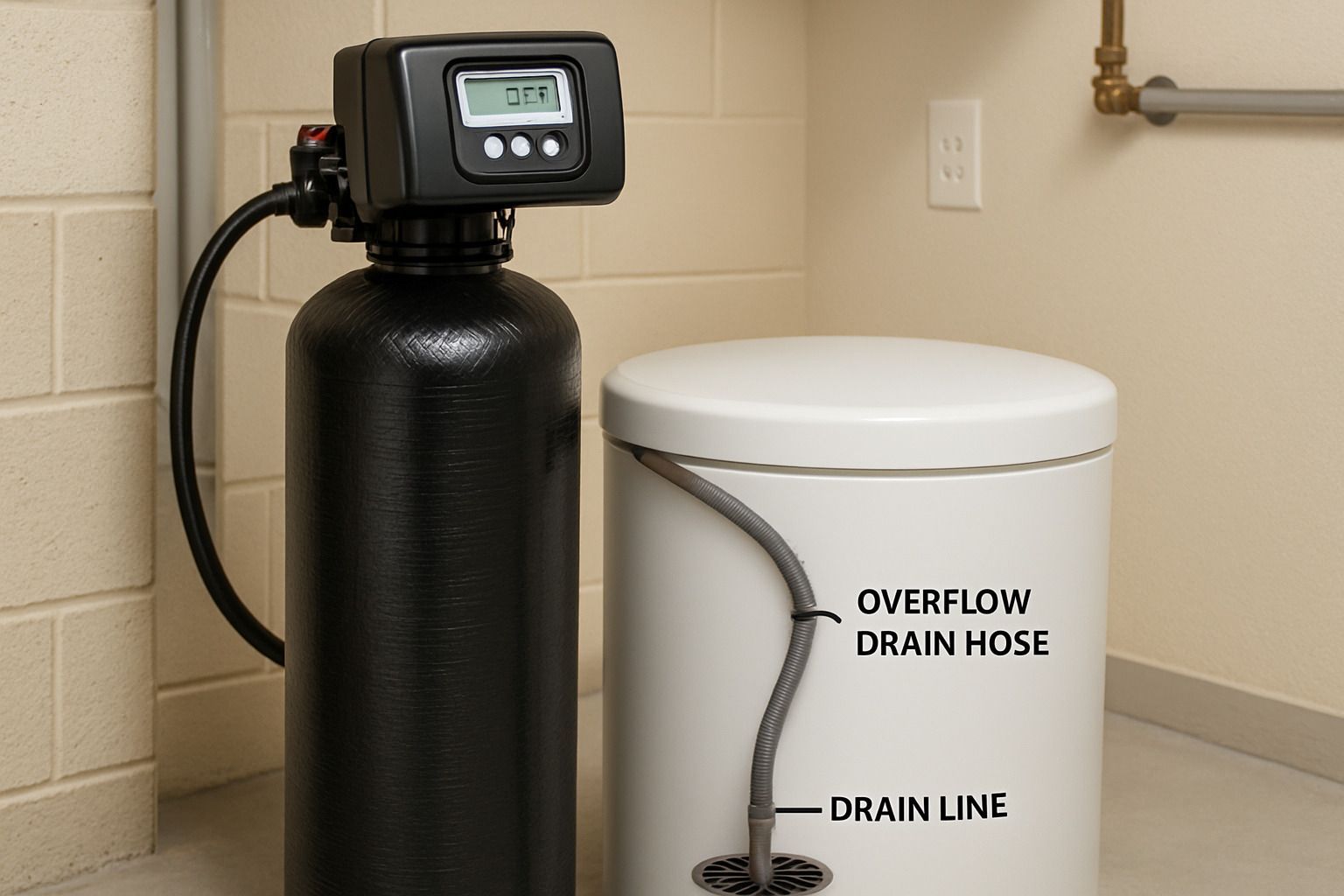 Water softener system with black tank and white overflow drain container in a utility room