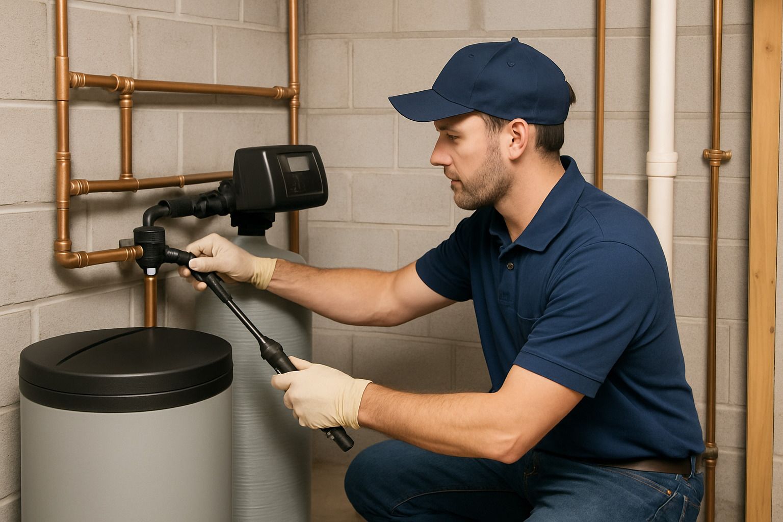 Plumber inspecting a water softener and copper pipes in a utility room