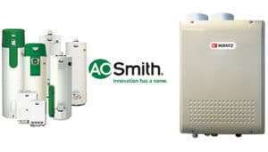 A.O. Smith water heaters and tankless units displayed on a white background