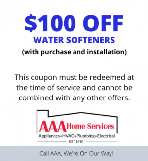 AAA Home Services coupon: $100 off water softeners with purchase and installation, white background with blue text.