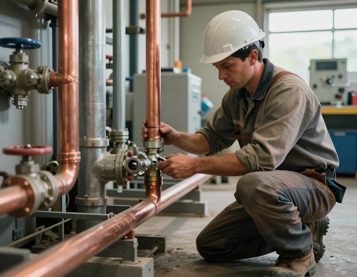 Plumber installing pipe in a commercial mechanical room