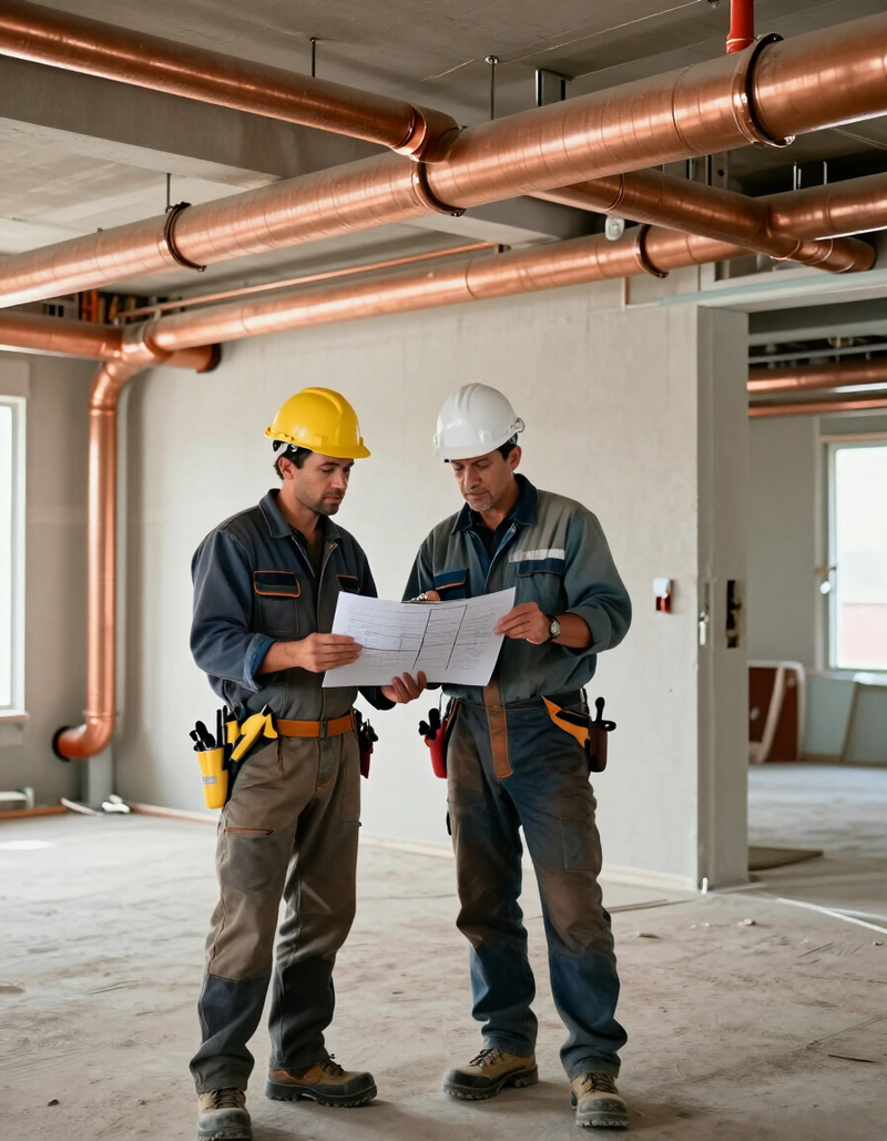 Two plumbers reviewing plans on a commercial job site