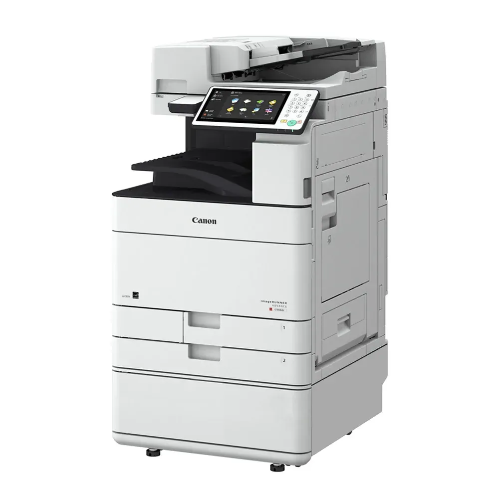 Una stampante laser multifunzione Canon bianca per ufficio con pannello di controllo touchscreen regolabile.