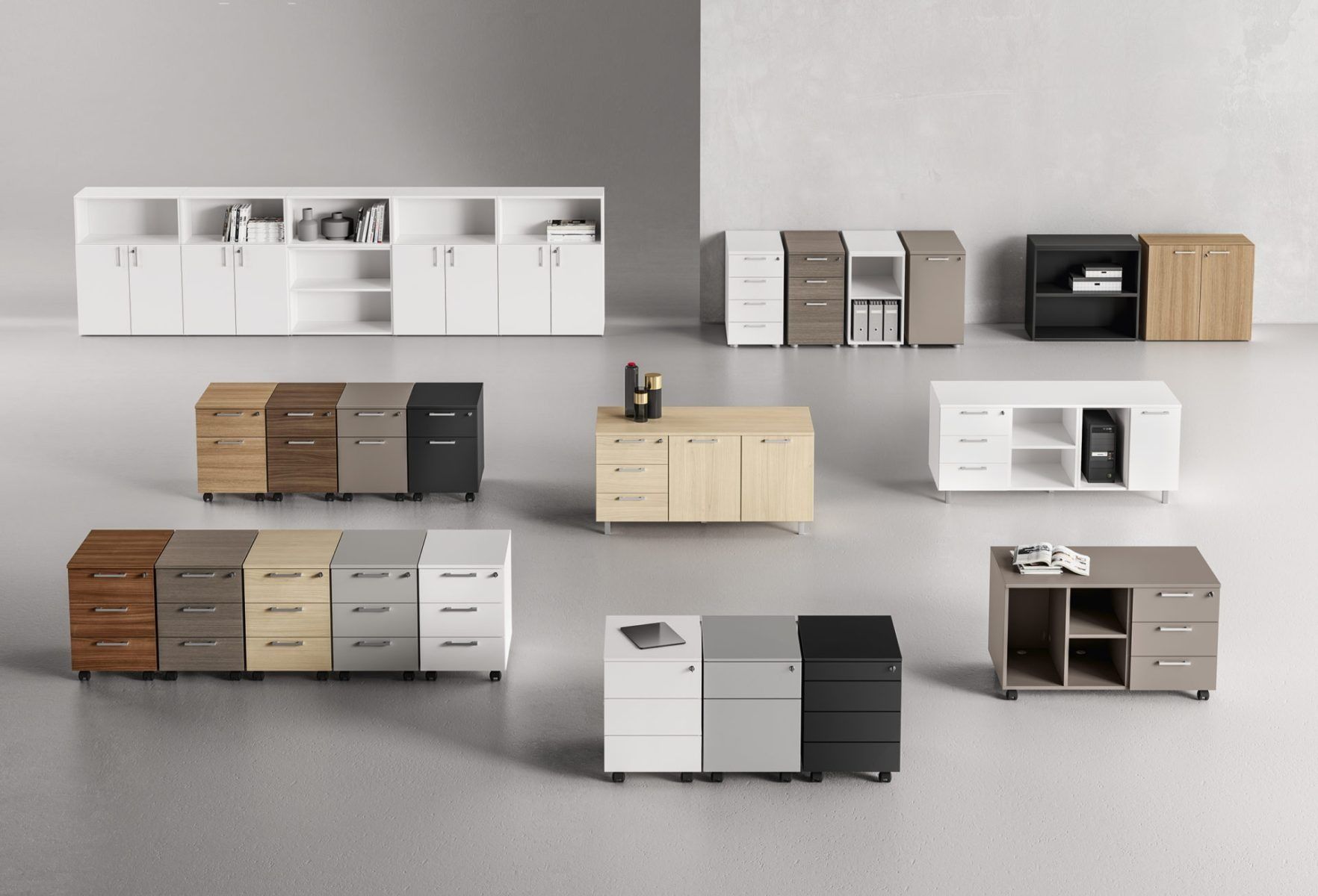 Una collezione di mobili contenitori moderni per ufficio, tra cui cassettiere mobili, armadietti bassi e una lunga credenza in vari colori.