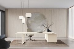 Un ufficio domestico minimalista con scrivania in legno chiaro, sedia girevole e lampade a sospensione, il tutto incorniciato da una parete circolare in pietra.