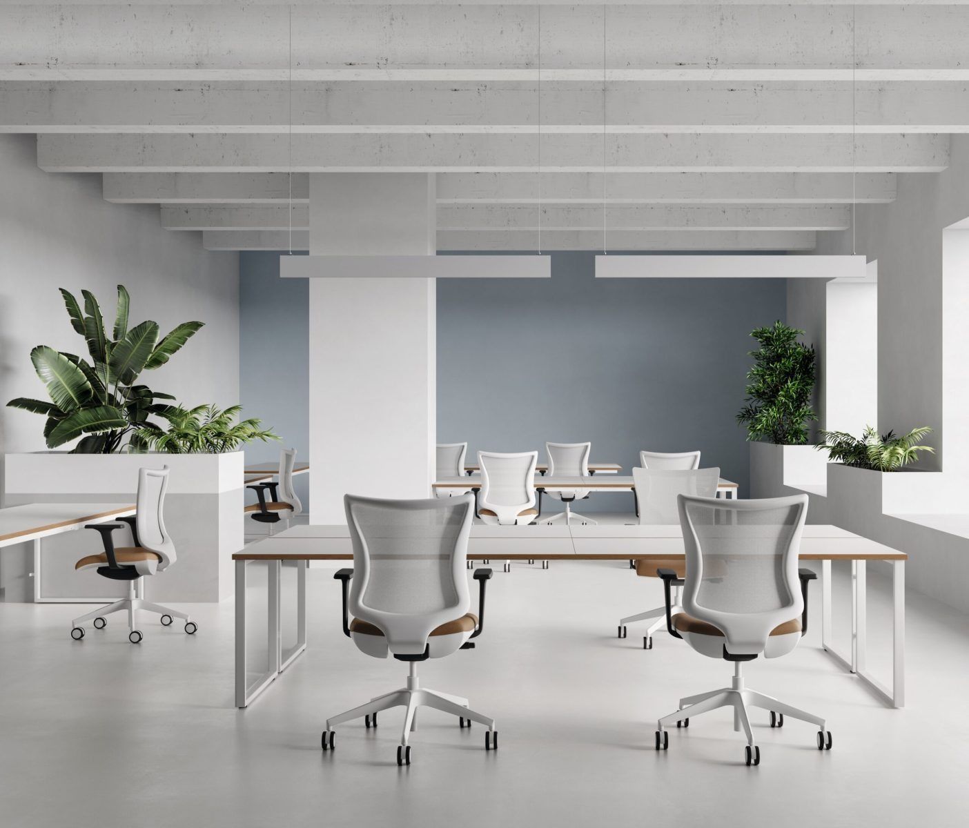 Un moderno spazio ufficio caratterizzato da file di sedie ergonomiche bianche e scrivanie in legno, con grandi piante verdi e pareti grigie.