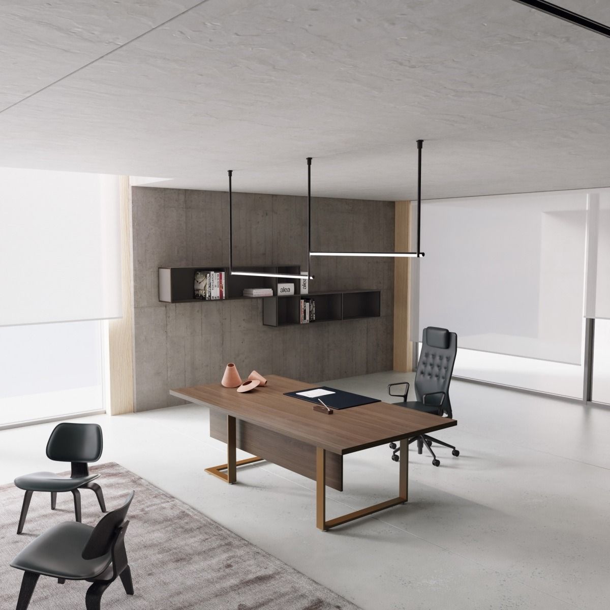 Ufficio moderno con scrivania in legno, sedie nere e lampade minimaliste a sospensione su una parete di cemento.