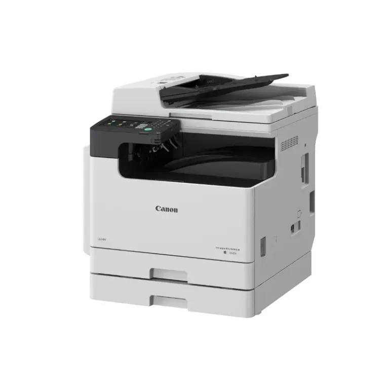Una stampante laser multifunzione Canon bianca e nera con alimentatore automatico di documenti e doppio vassoio carta su sfondo bianco.