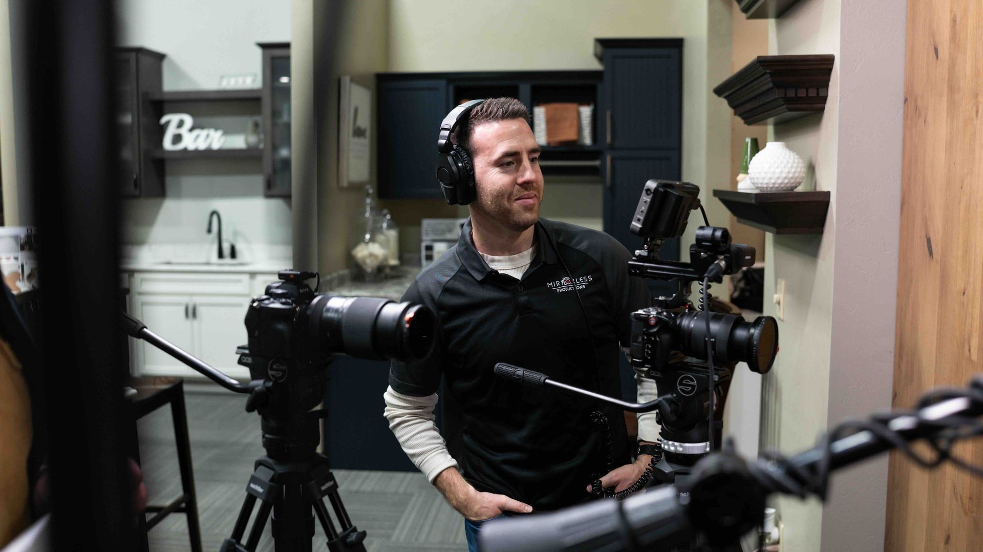 Alex Belville filming a commercial video inside Drexel Building Supply in Wisconsin.