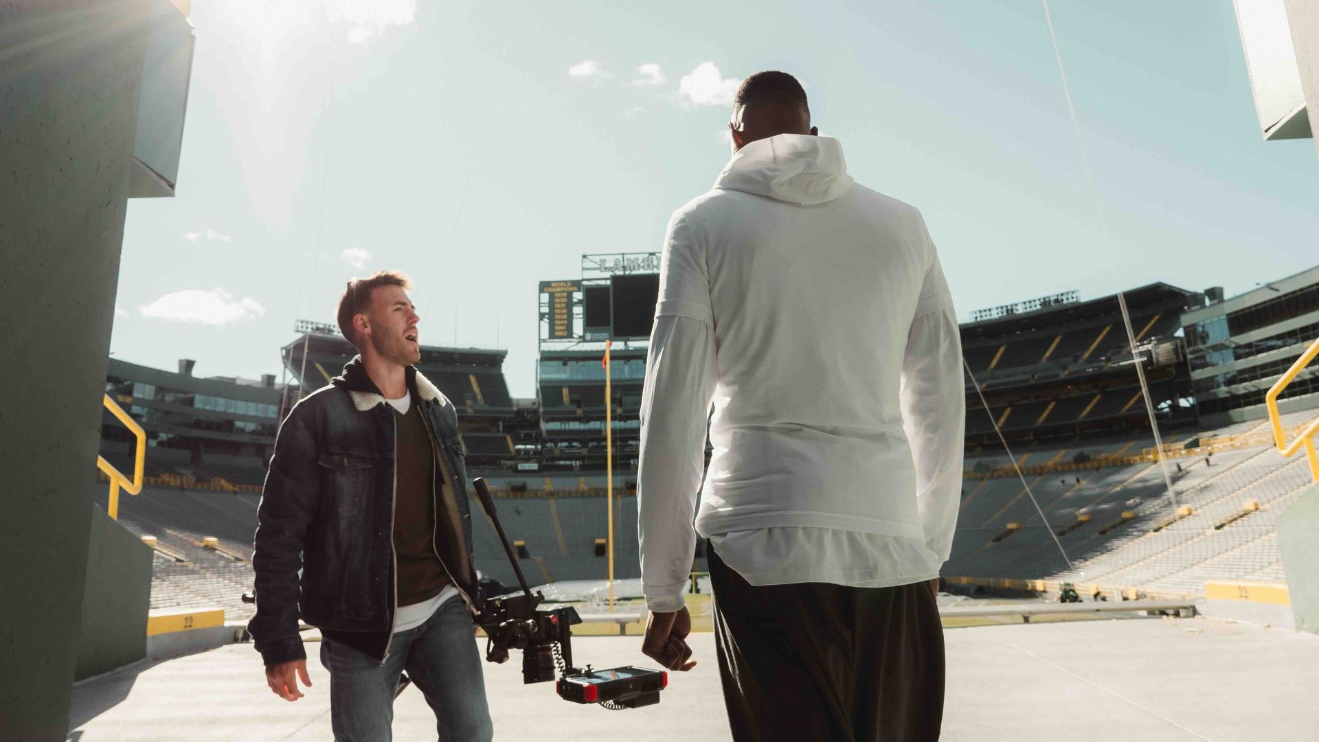 Alex Belville on set filming a VaynerSports video commercial inside Lambeau Field in Green Bay, Wisconsin.