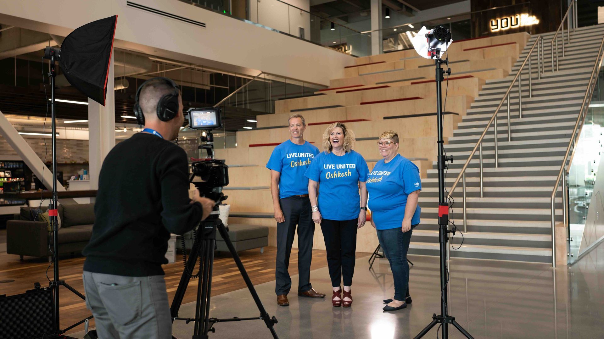 Mirrorless Productions filming a team interview during a corporate video production in Wisconsin.